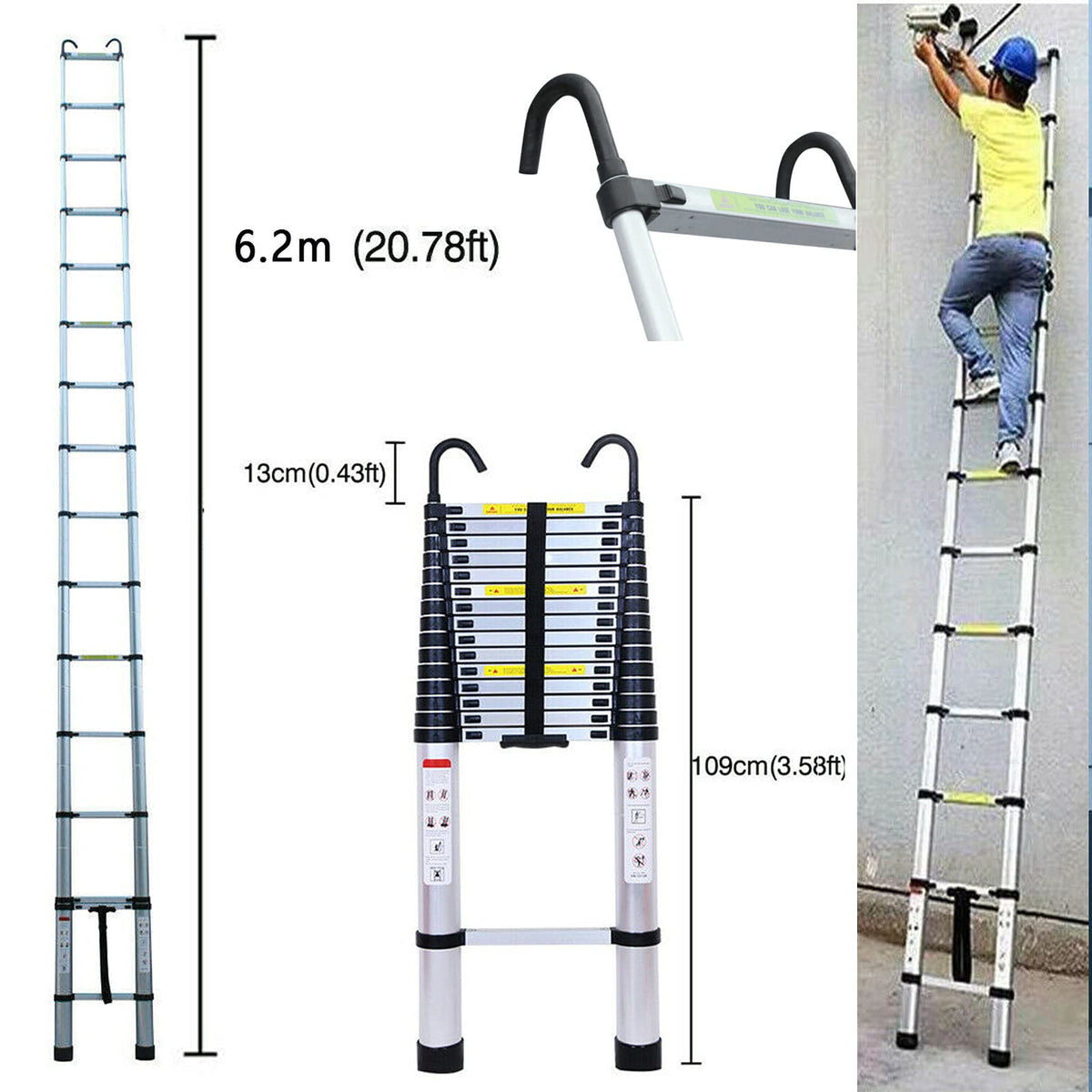 20.34 FT Aluminum Telescoping Extension Ladder 330lbs Capacity F963