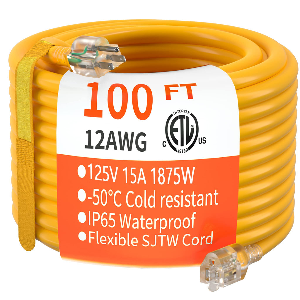 100 FT 12/3 Gauge Heavy Duty Outdoor Extension Cord Waterproof T14289