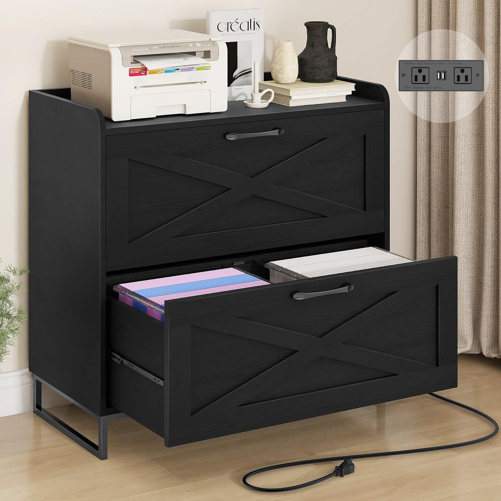 2 Drawer Black Lateral File Cabinet with Charging Station R1381