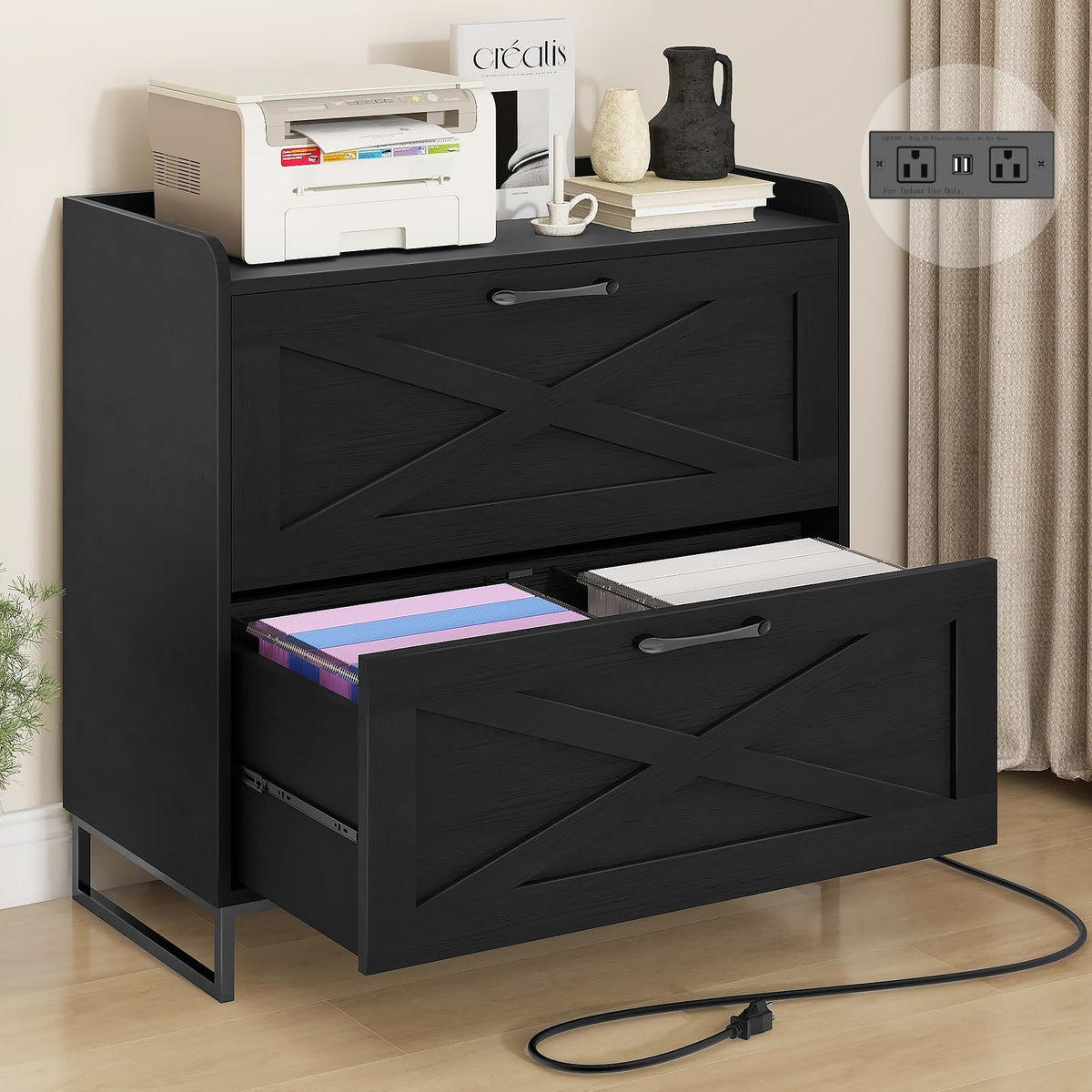 2 Drawer Black Lateral File Cabinet with Charging Station R1381