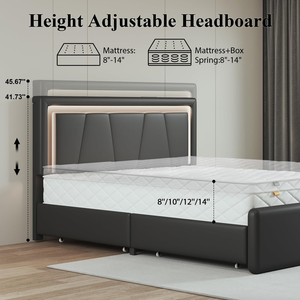 Full Size Bed Frame with Storage Drawers and Charging Station, Black J8830