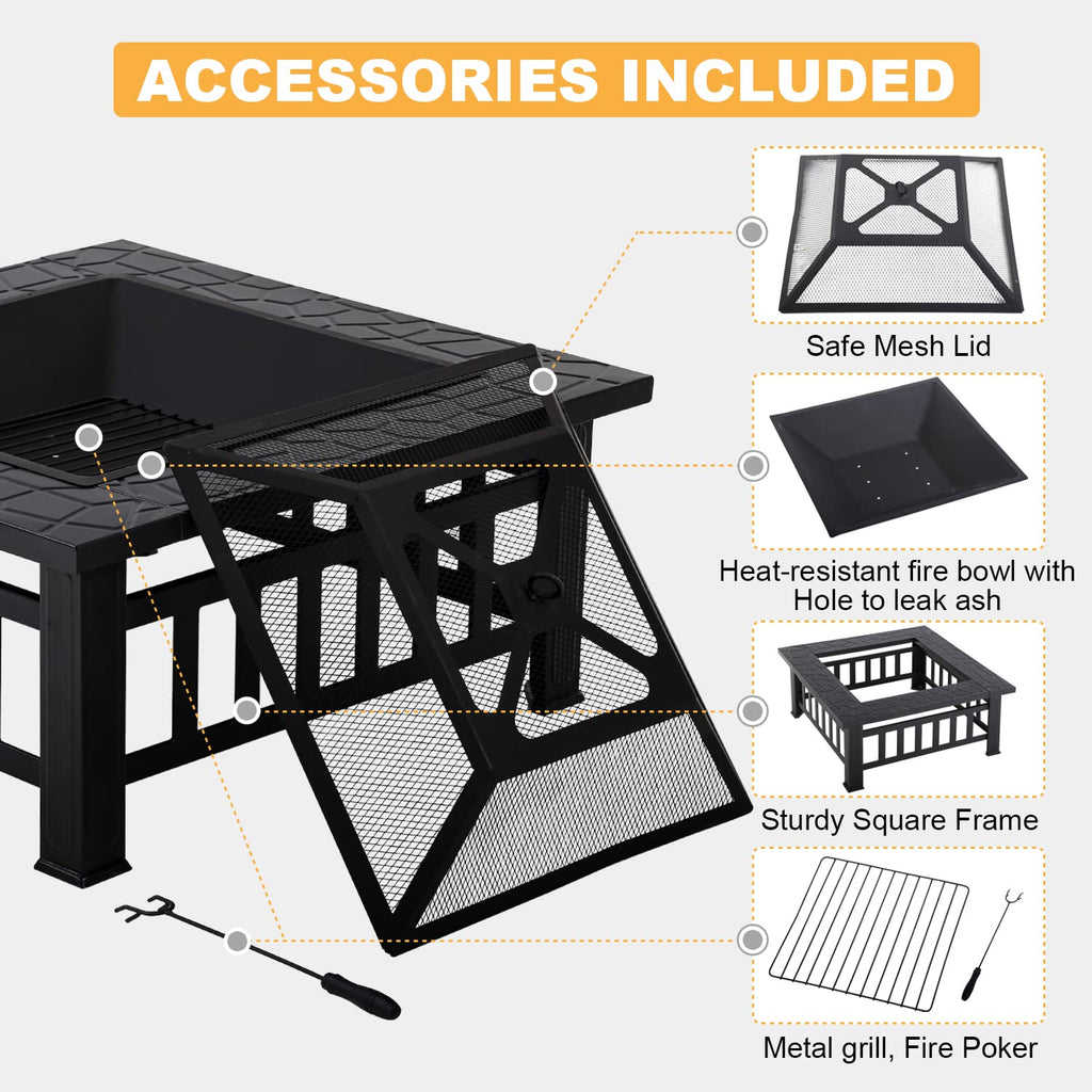 32" Square Wood Burning Fire Pit Table with Spark Screen Y2638