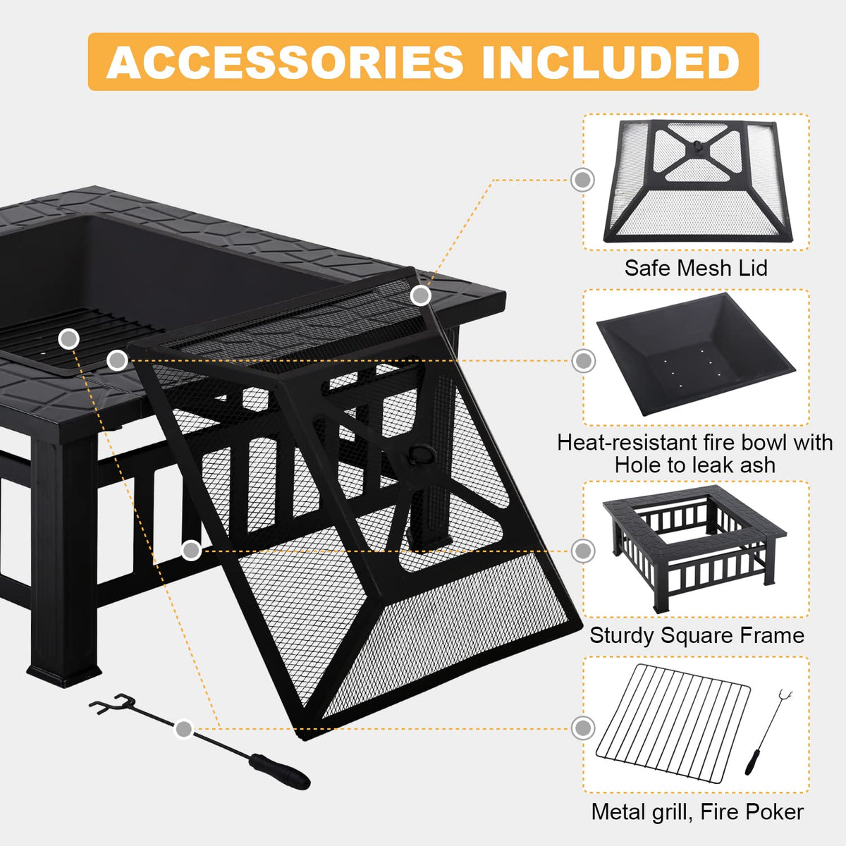 32" Square Wood Burning Fire Pit Table with Spark Screen Y2638