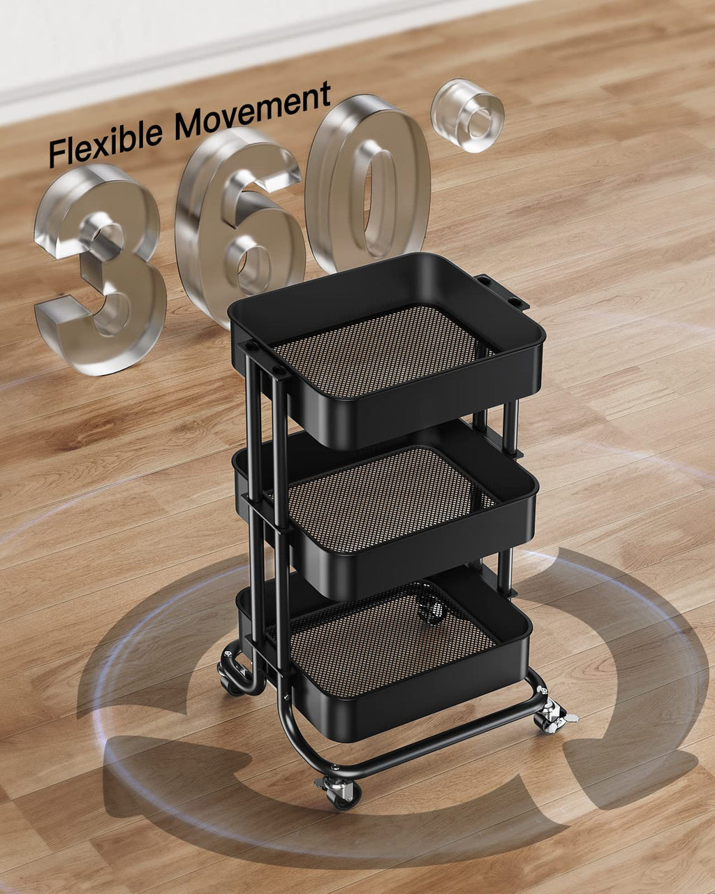3 Tier Metal Rolling Utility Cart with Lockable Wheels, Black A586119