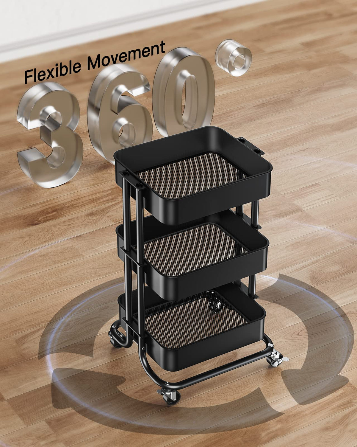 3 Tier Metal Rolling Utility Cart with Lockable Wheels, Black A586119