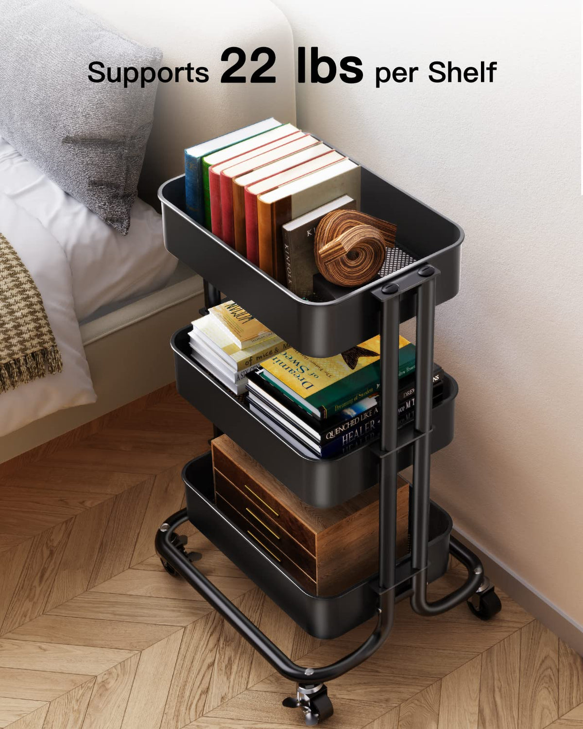3 Tier Metal Rolling Utility Cart with Lockable Wheels, Black A586119