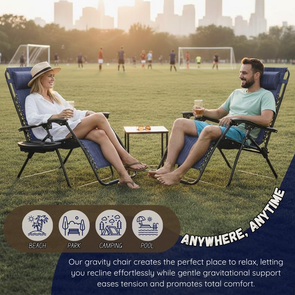 Set of 2 Navy Blue Adjustable Folding Lounge Chairs with Pillows O366