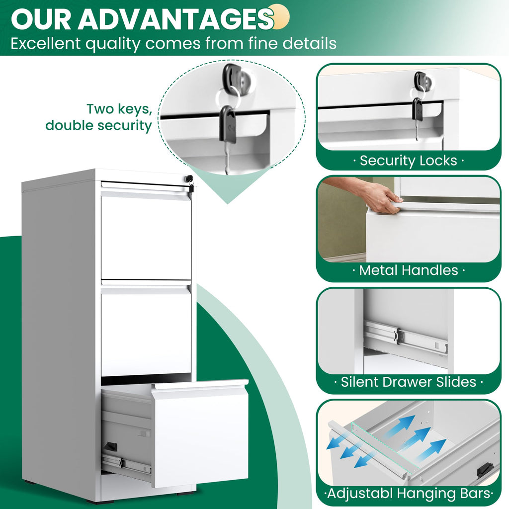 White 3 Drawer Metal File Cabinet with Lock L323