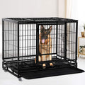 48" Heavy Duty Metal Dog Crate with Lockable Wheels, Double Door & Tray, Black Q2992