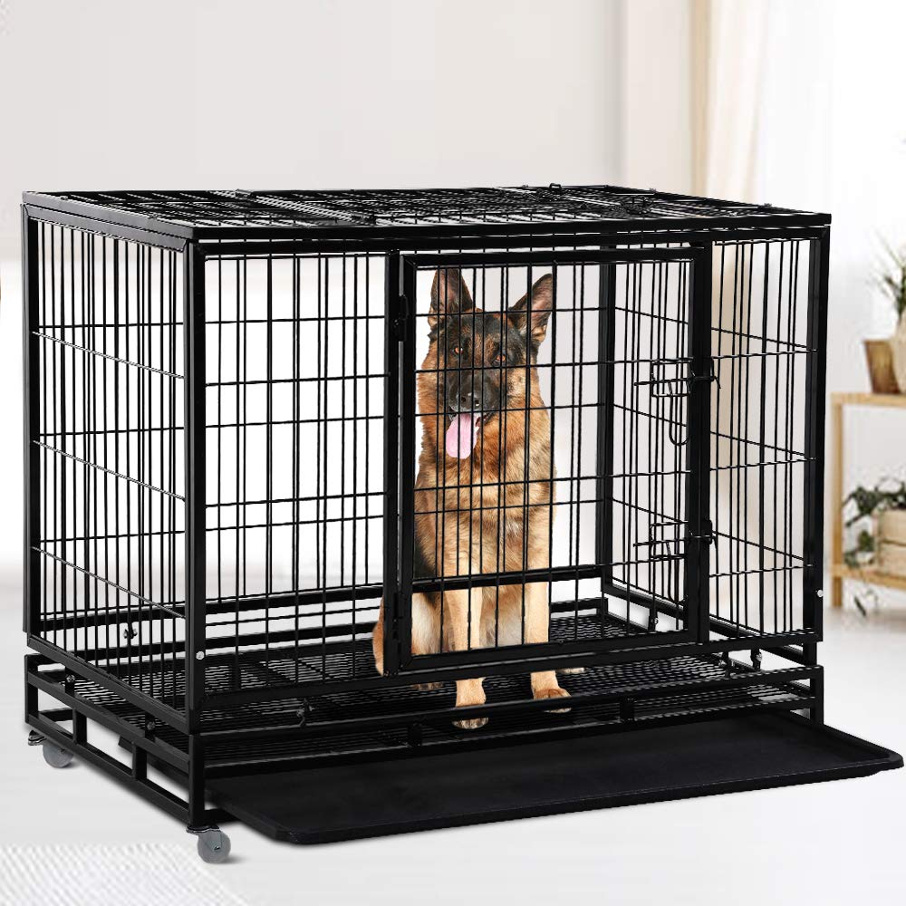 48" Heavy Duty Metal Dog Crate with Lockable Wheels, Double Door & Tray, Black Q2992