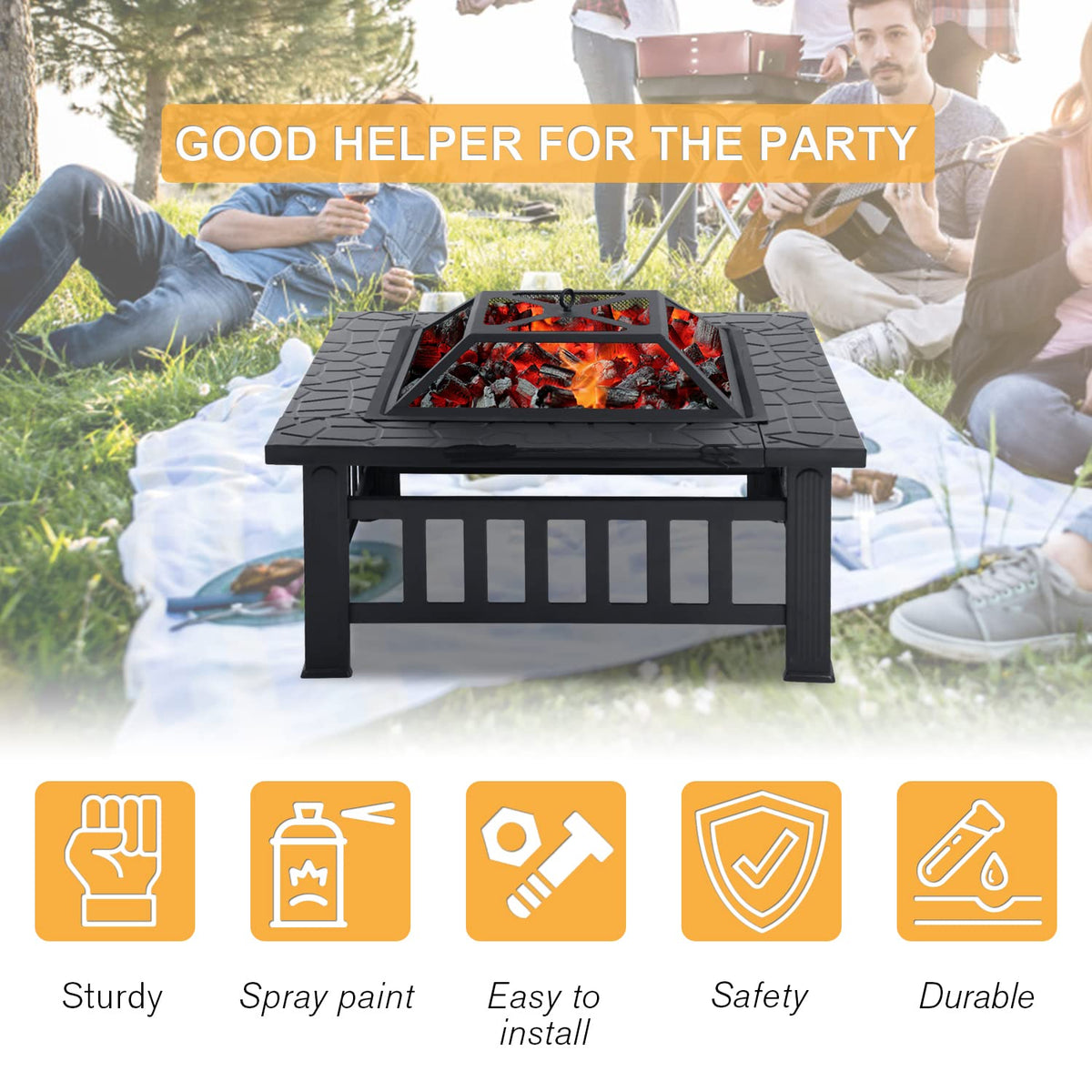 32" Square Wood Burning Fire Pit Table with Spark Screen Y2638