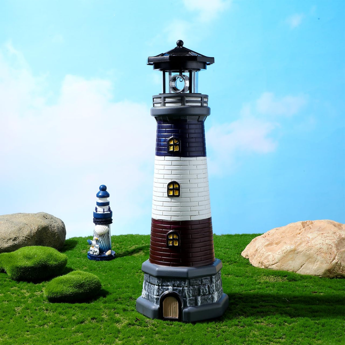 Solar Lighthouse Statue, Resin Waterproof, Black, 4.72 X 4.72 X 14.76 Inches E2511
