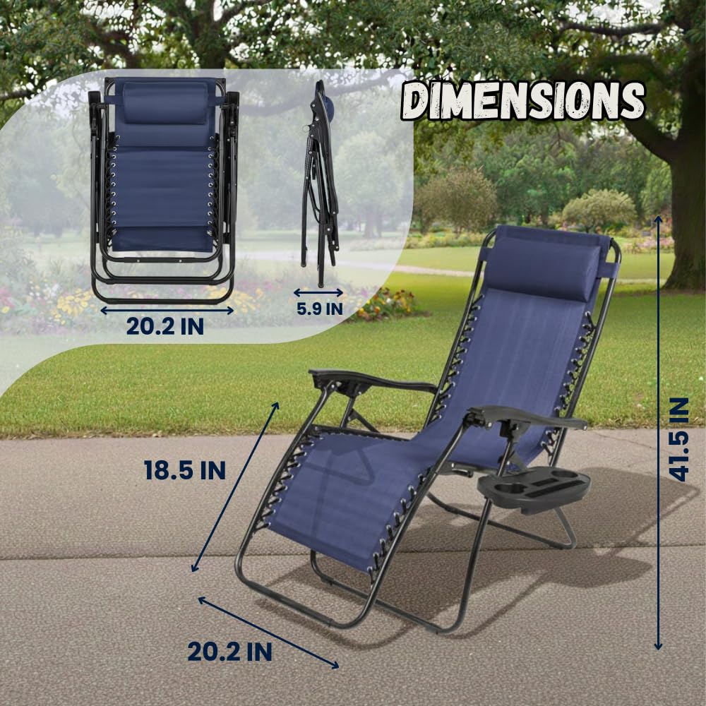 Set of 2 Navy Blue Adjustable Folding Lounge Chairs with Pillows O366