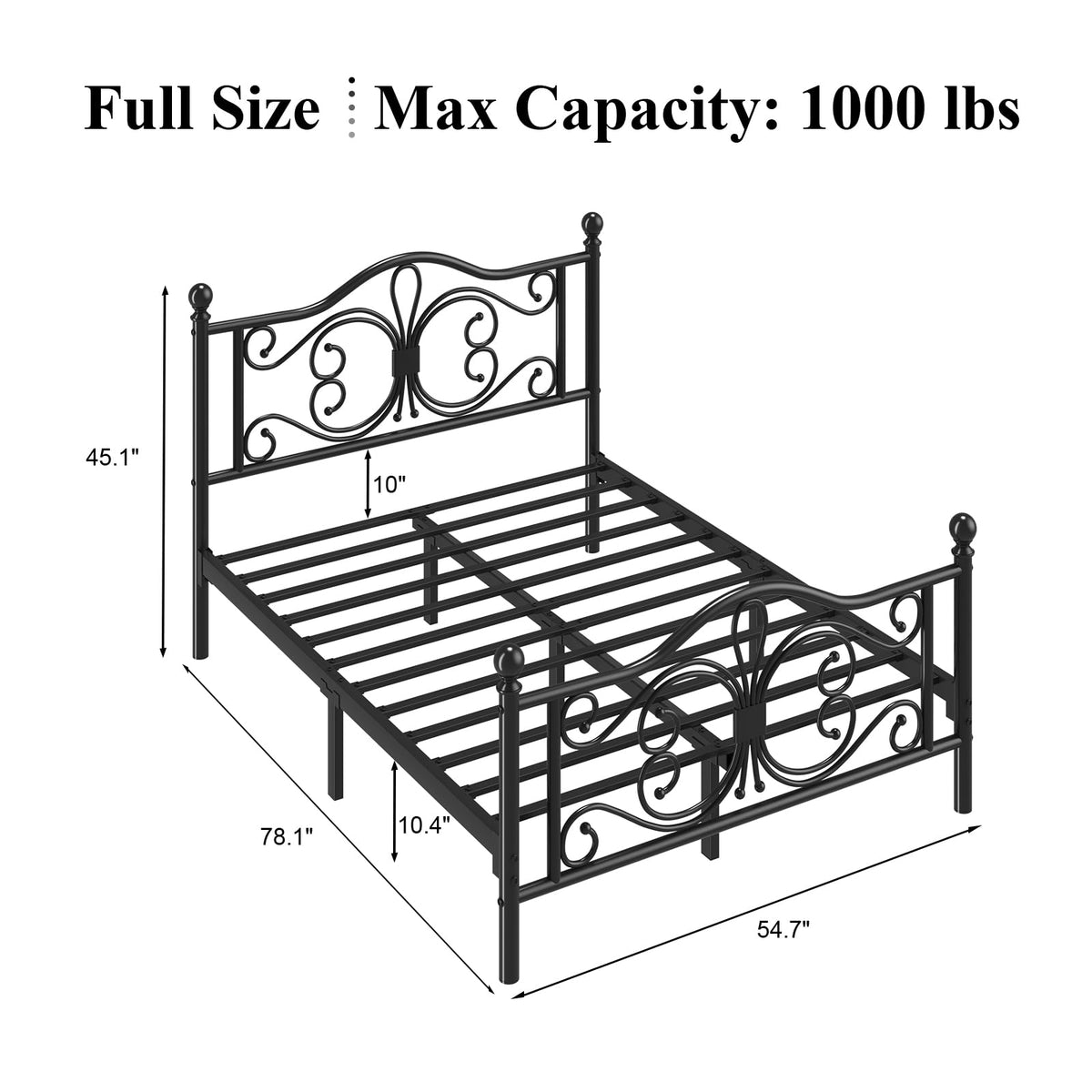Black Full Bed Frame with Butterfly Pattern Headboard & Footboard J87029