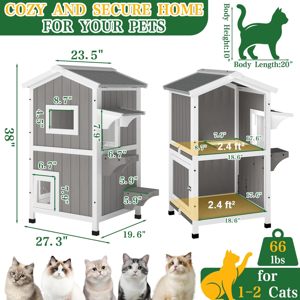 Weatherproof 2-Story Outdoor Cat House with Feeding Station T329