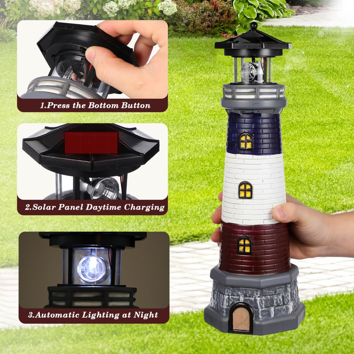 Solar Lighthouse Statue, Resin Waterproof, Black, 4.72 X 4.72 X 14.76 Inches E2511