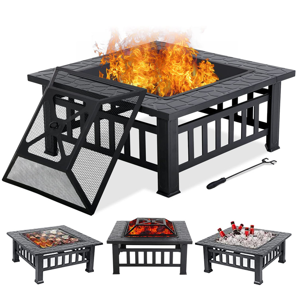 32" Square Wood Burning Fire Pit Table with Spark Screen Y2638