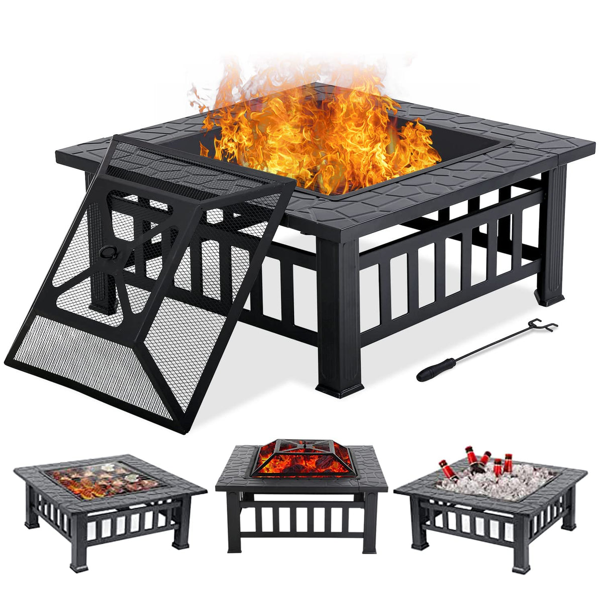 32" Square Wood Burning Fire Pit Table with Spark Screen Y2638
