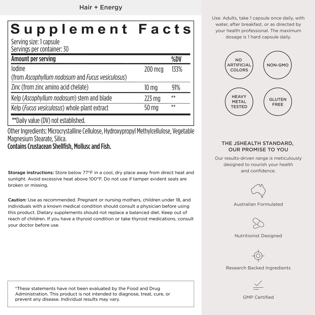 Hair Growth Vitamins with Kelp Iodine and Zinc 30 Capsules F559037