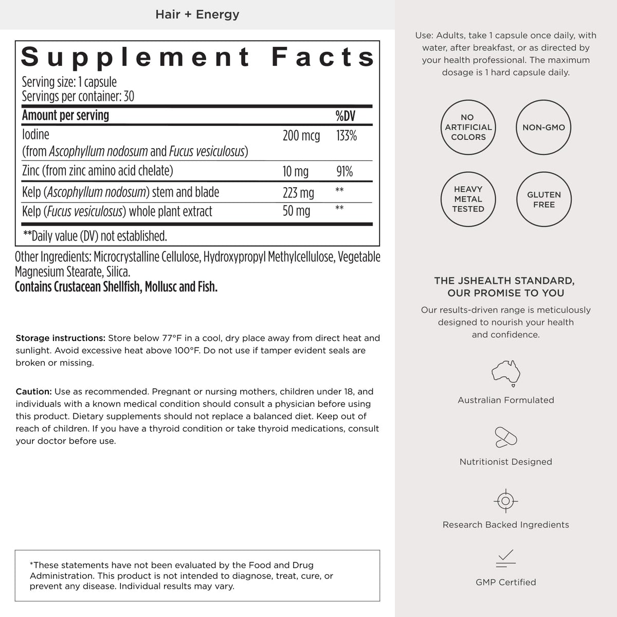 Hair Growth Vitamins with Kelp Iodine and Zinc 30 Capsules F559037