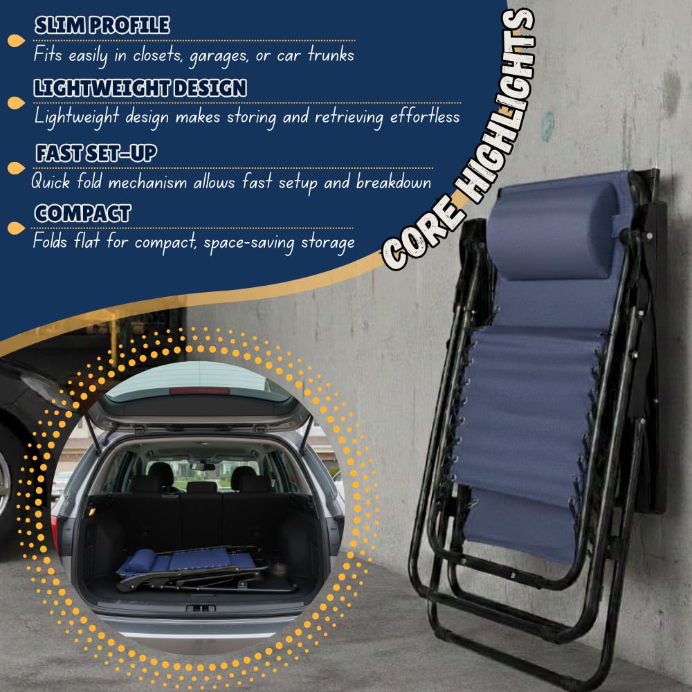 Set of 2 Navy Blue Adjustable Folding Lounge Chairs with Pillows O366