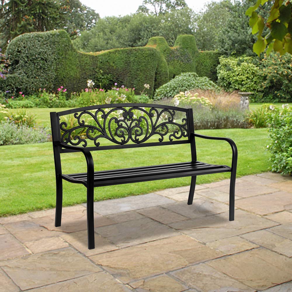 50in Black Metal Outdoor Bench with Armrests E2628
