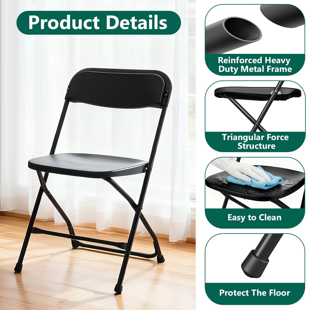 Black Plastic Folding Chairs, 10 Pack Steel Frame 350lbs Capacity W7809