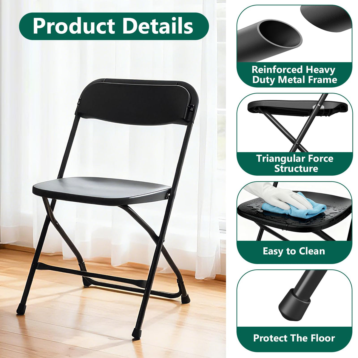Black Plastic Folding Chairs, 10 Pack Steel Frame 350lbs Capacity W7809