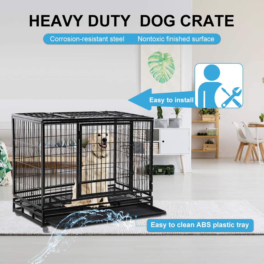 48" Heavy Duty Metal Dog Crate with Lockable Wheels, Double Door & Tray, Black Q2992