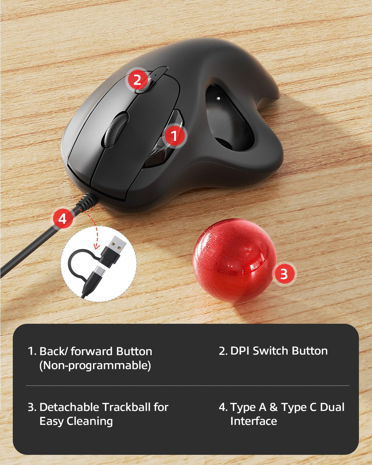 Wired Trackball Mouse Ergonomic Thumb Control H14679