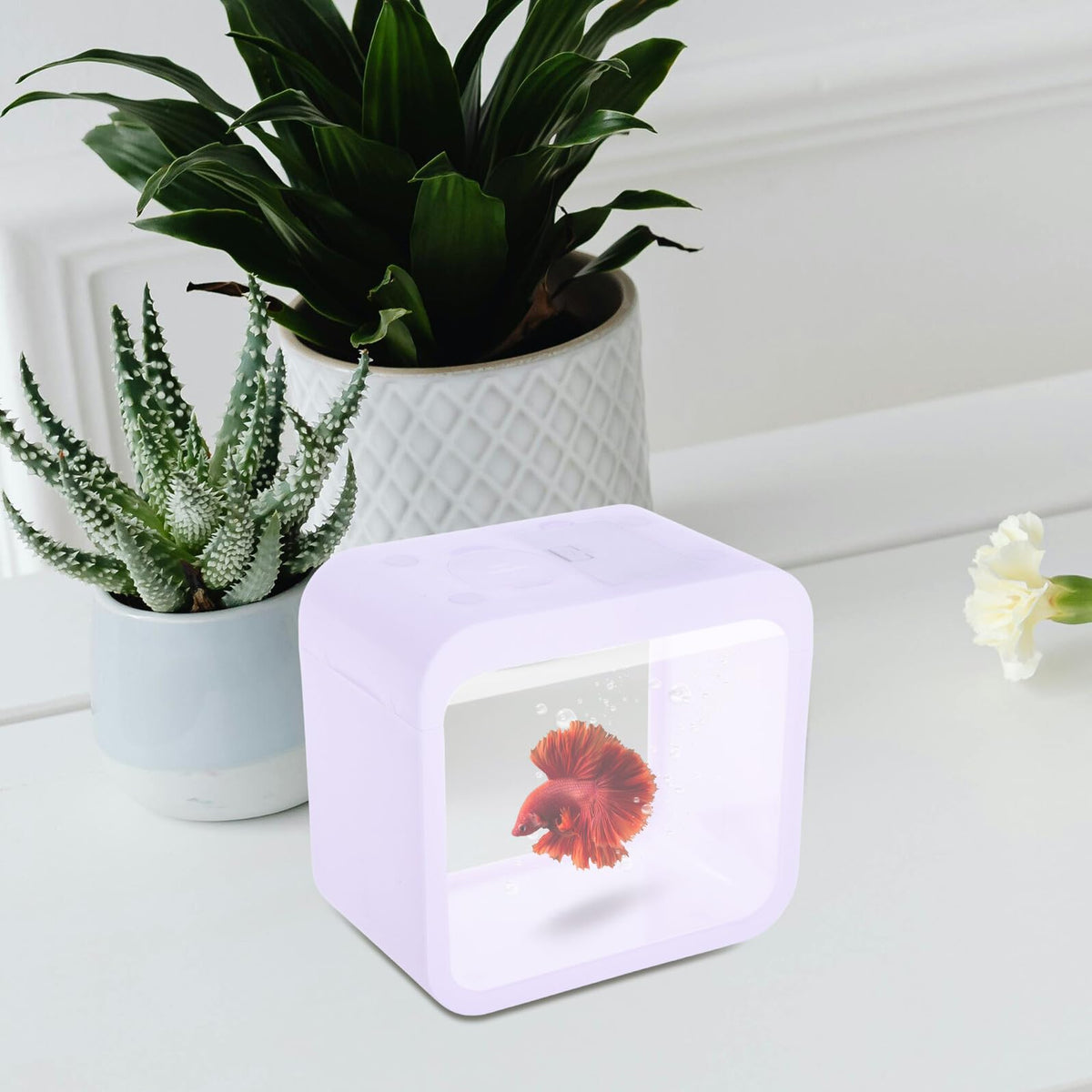 Mini Betta Fish Tank with LED Light Portable Plastic Desktop Aquarium Cube Q9096