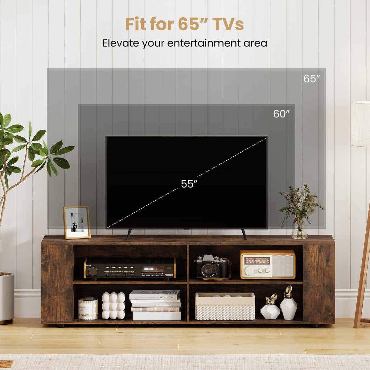 Rustic Brown Wood TV Stand with 8 Open Shelves G58779