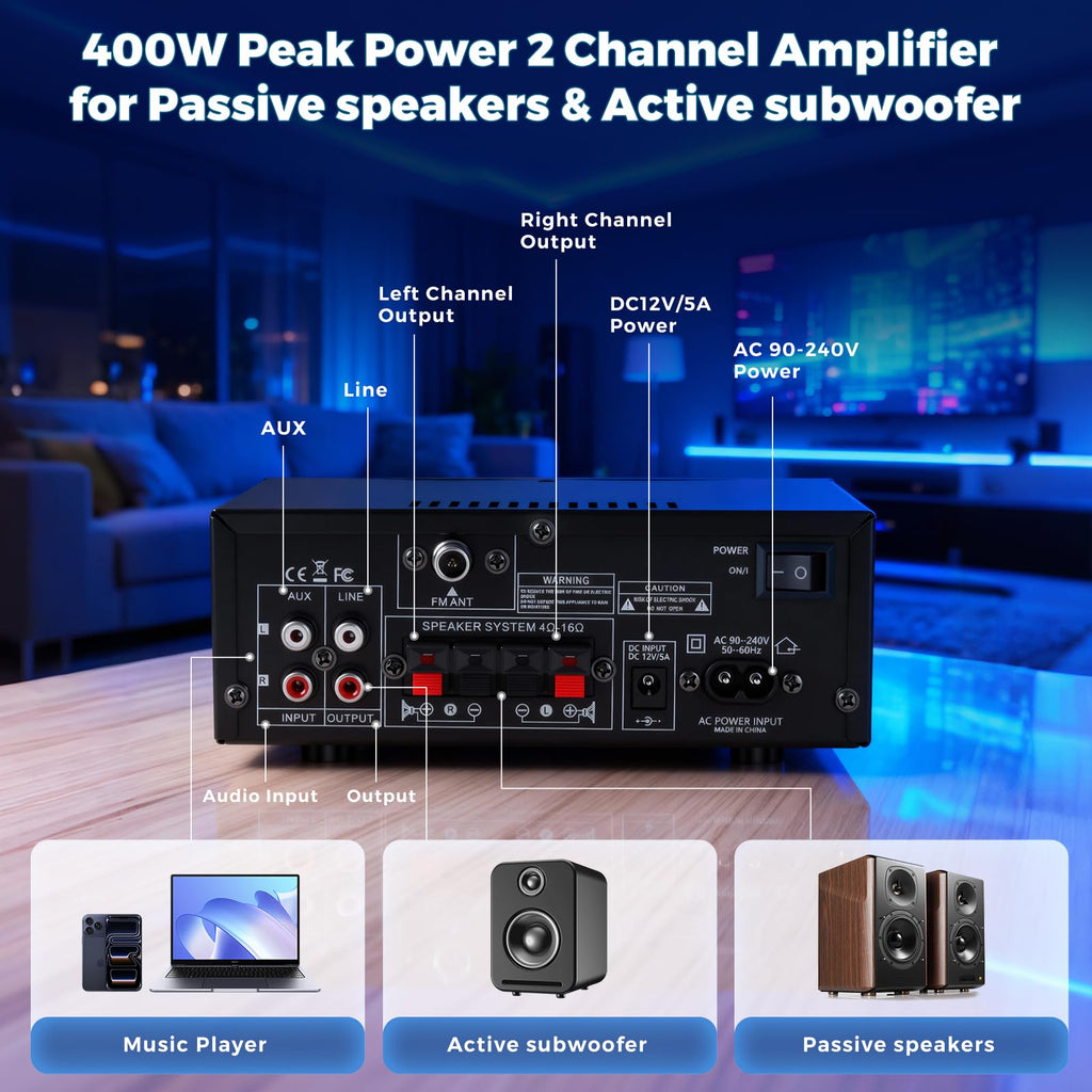 2 Channel 400W Bluetooth Stereo Audio Amplifier T430