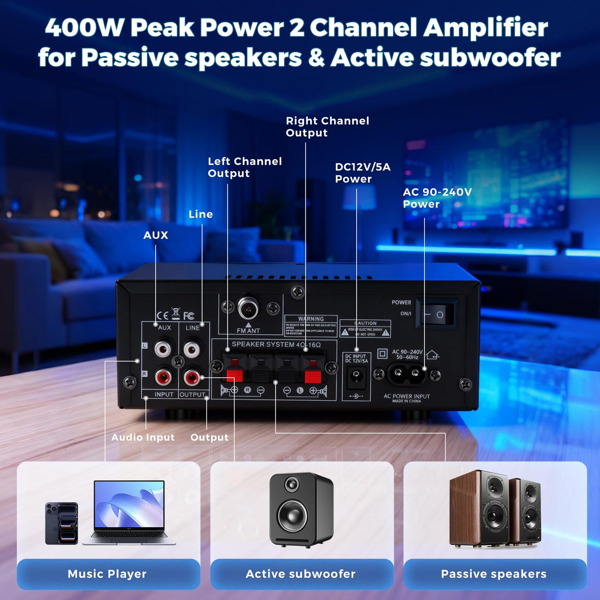 2 Channel 400W Bluetooth Stereo Audio Amplifier T430