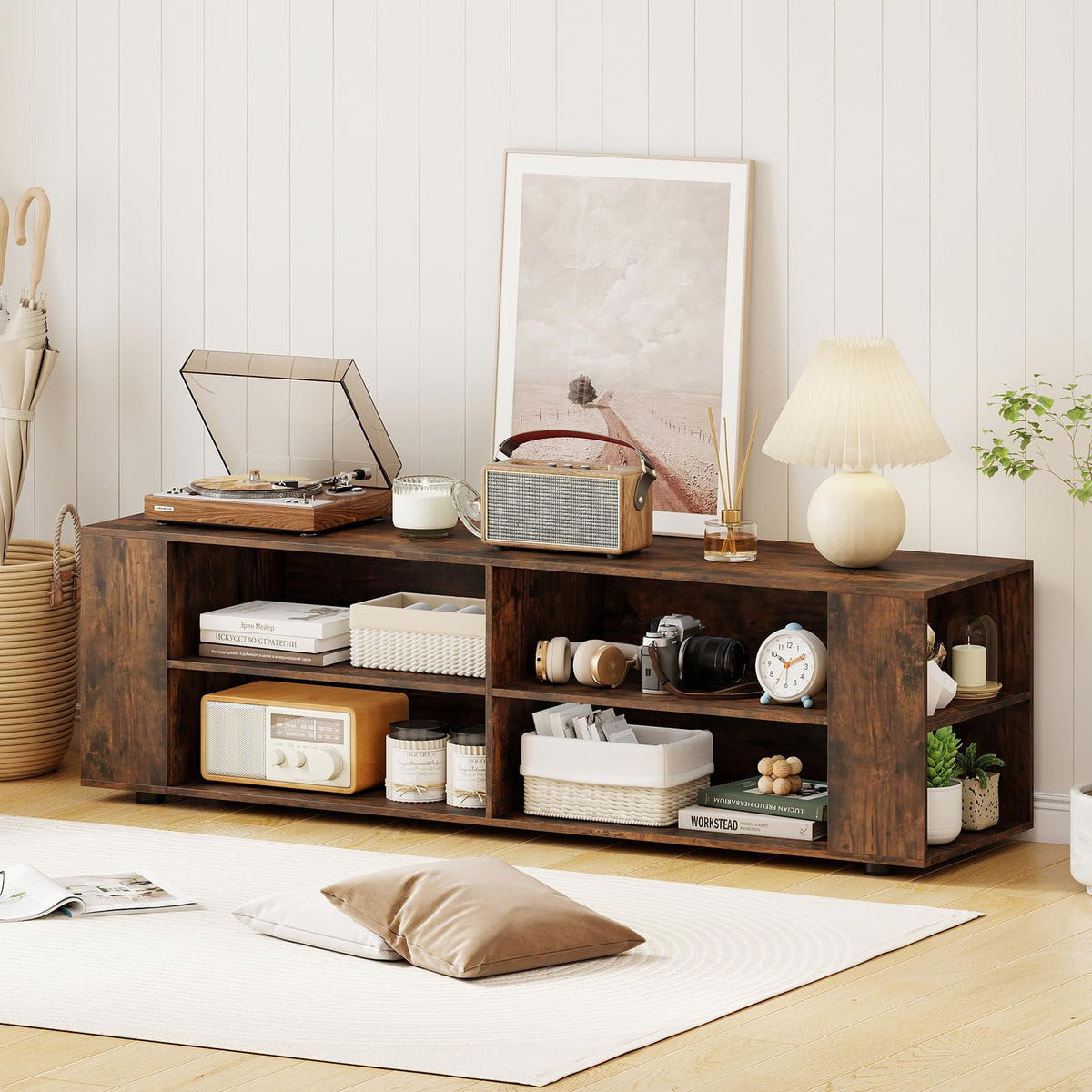 Rustic Brown Wood TV Stand with 8 Open Shelves G58779