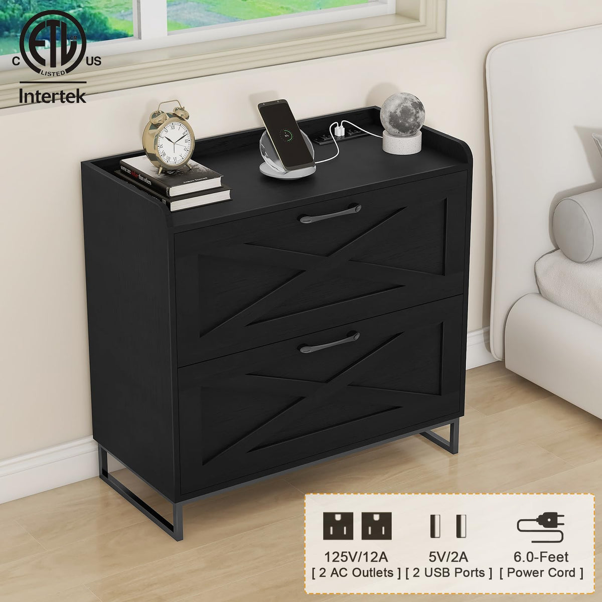 2 Drawer Black Lateral File Cabinet with Charging Station R1381