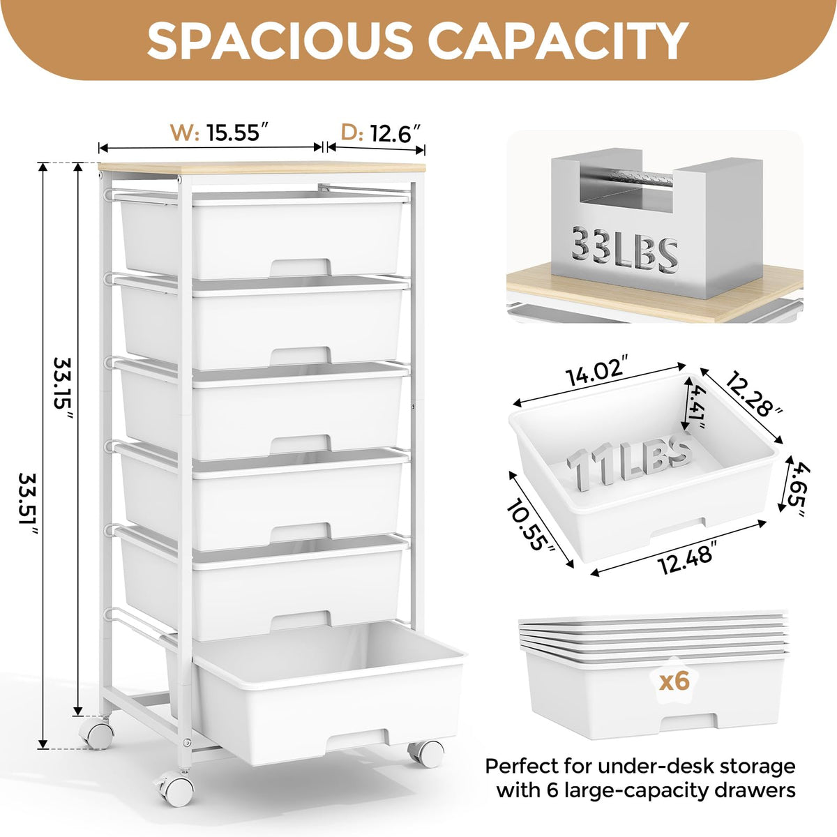 6 Drawer Rolling Storage Cart with Wooden Top and Wheels M354