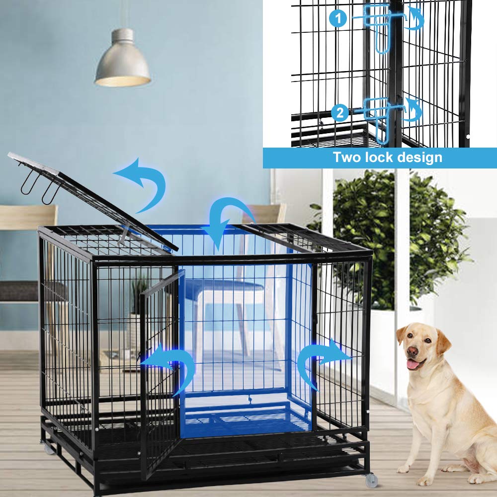 48" Heavy Duty Metal Dog Crate with Lockable Wheels, Double Door & Tray, Black Q2992