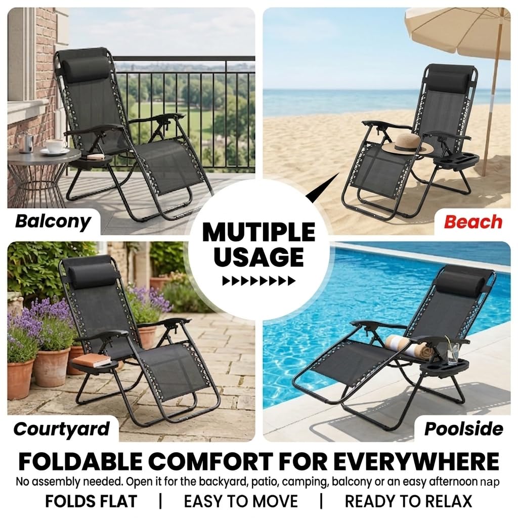 Black Zero Gravity Lounge Chair with Pillow & Cup Holder W344
