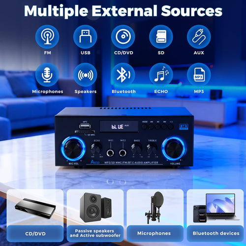 2 Channel 400W Bluetooth Stereo Audio Amplifier T430