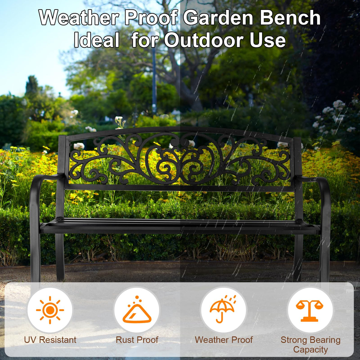 50in Black Metal Outdoor Bench with Armrests E2628