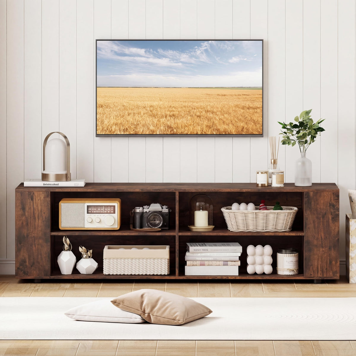 Rustic Brown Wood TV Stand with 8 Open Shelves G58779