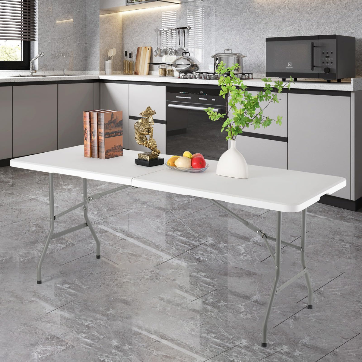6 Foot Foldable White Plastic Table with Carrying Handle F565