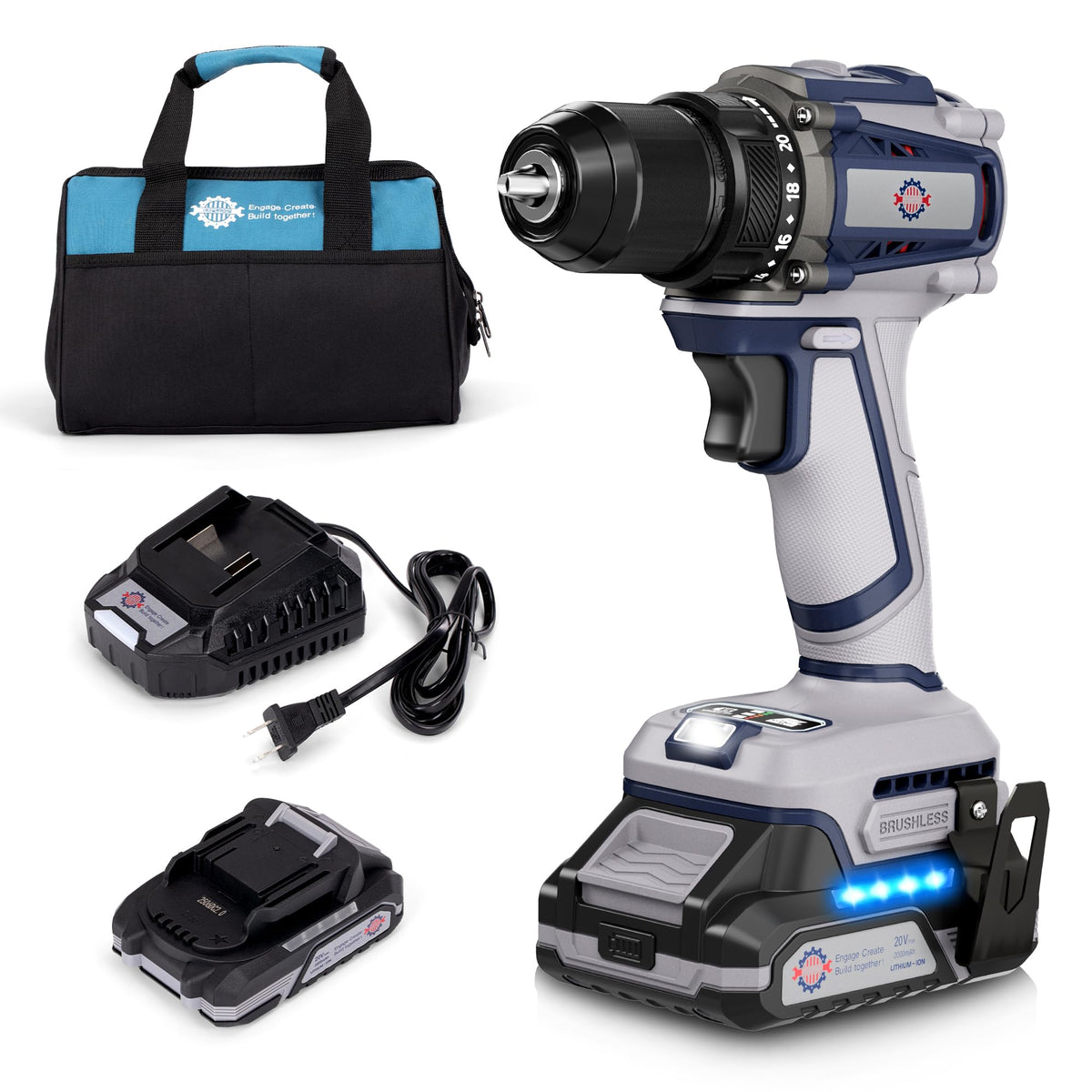 20V Cordless Brushless Power Drill with 2.0Ah Battery and Charger B4722