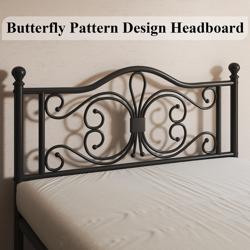 Black Full Bed Frame with Butterfly Pattern Headboard & Footboard J87029