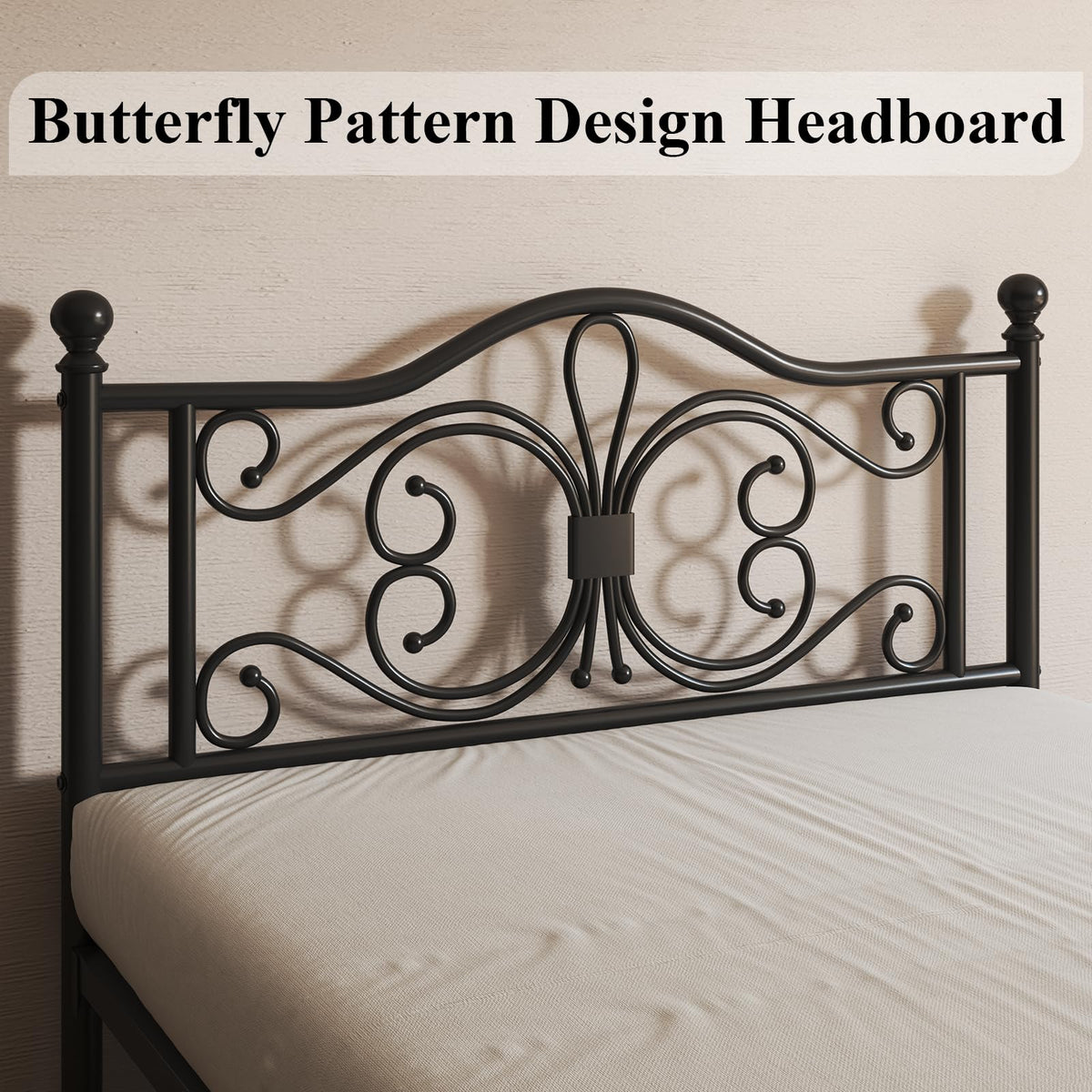 Black Full Bed Frame with Butterfly Pattern Headboard & Footboard J87029
