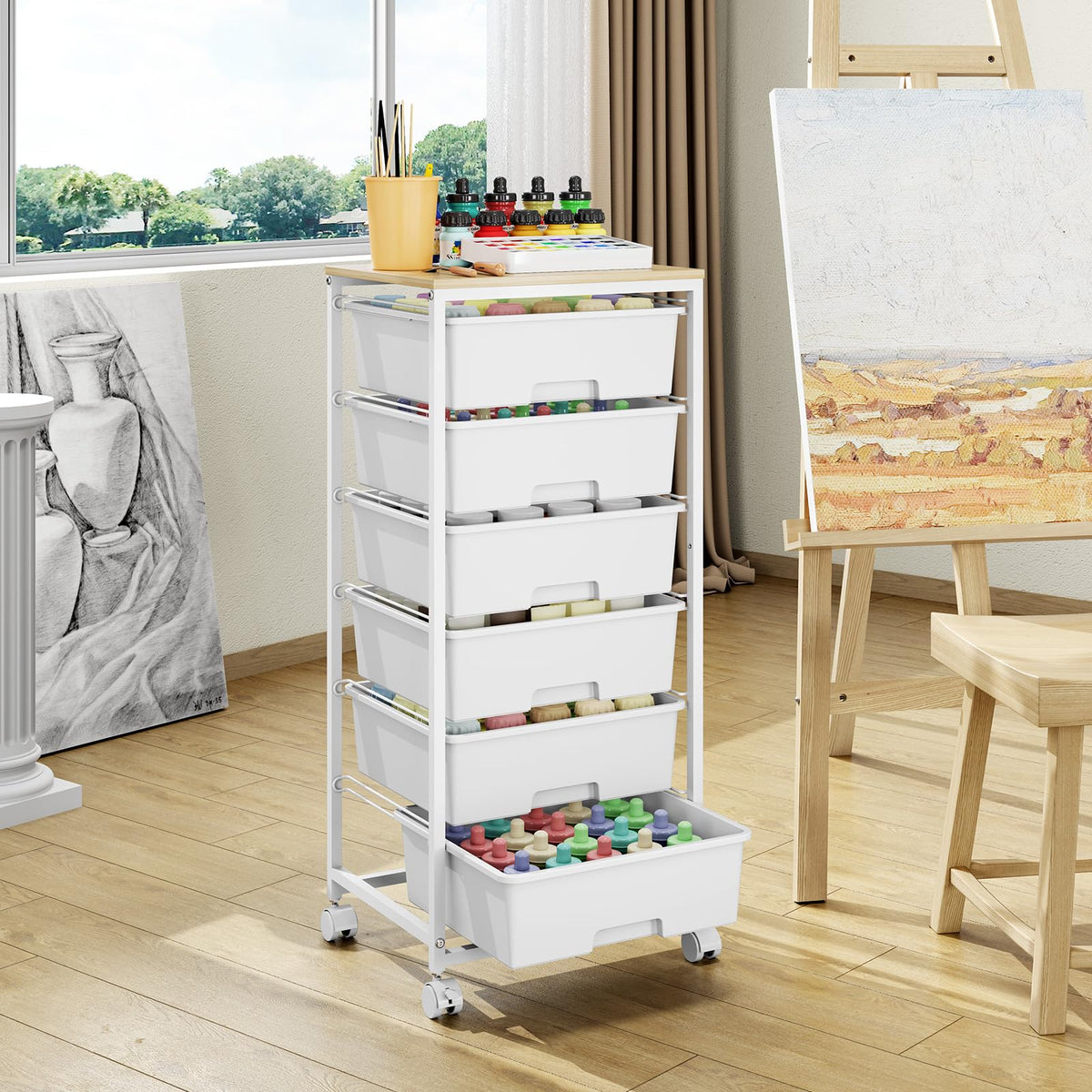 6 Drawer Rolling Storage Cart with Wooden Top and Wheels M354