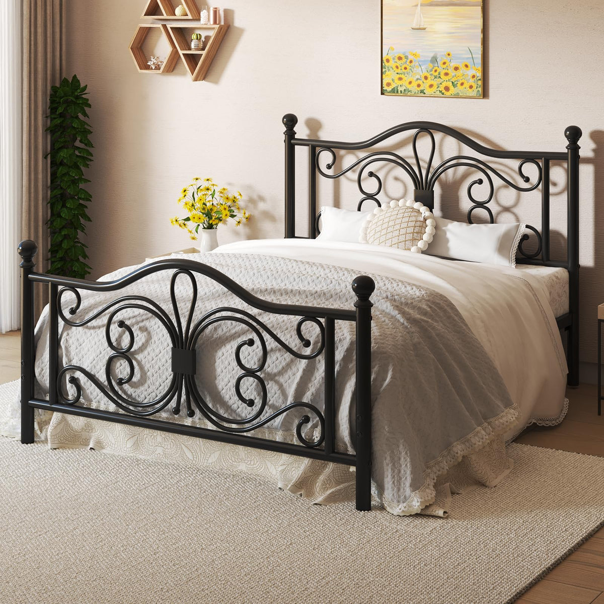 Black Full Bed Frame with Butterfly Pattern Headboard & Footboard J87029