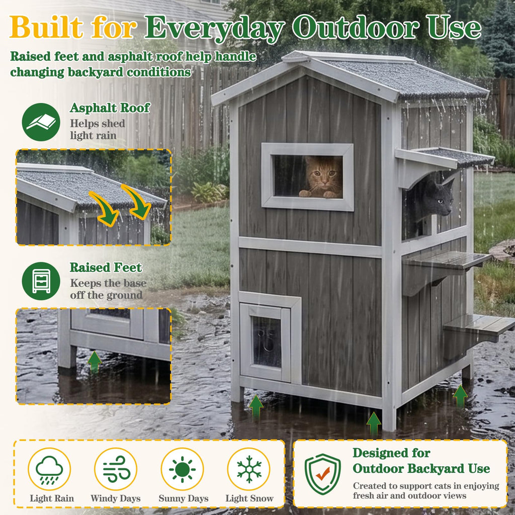 Weatherproof 2-Story Outdoor Cat House with Feeding Station T329