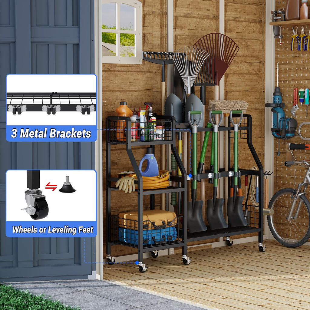 Heavy-Duty Garden Tool Organizer with 6 Wheels and 2 Baskets G946642